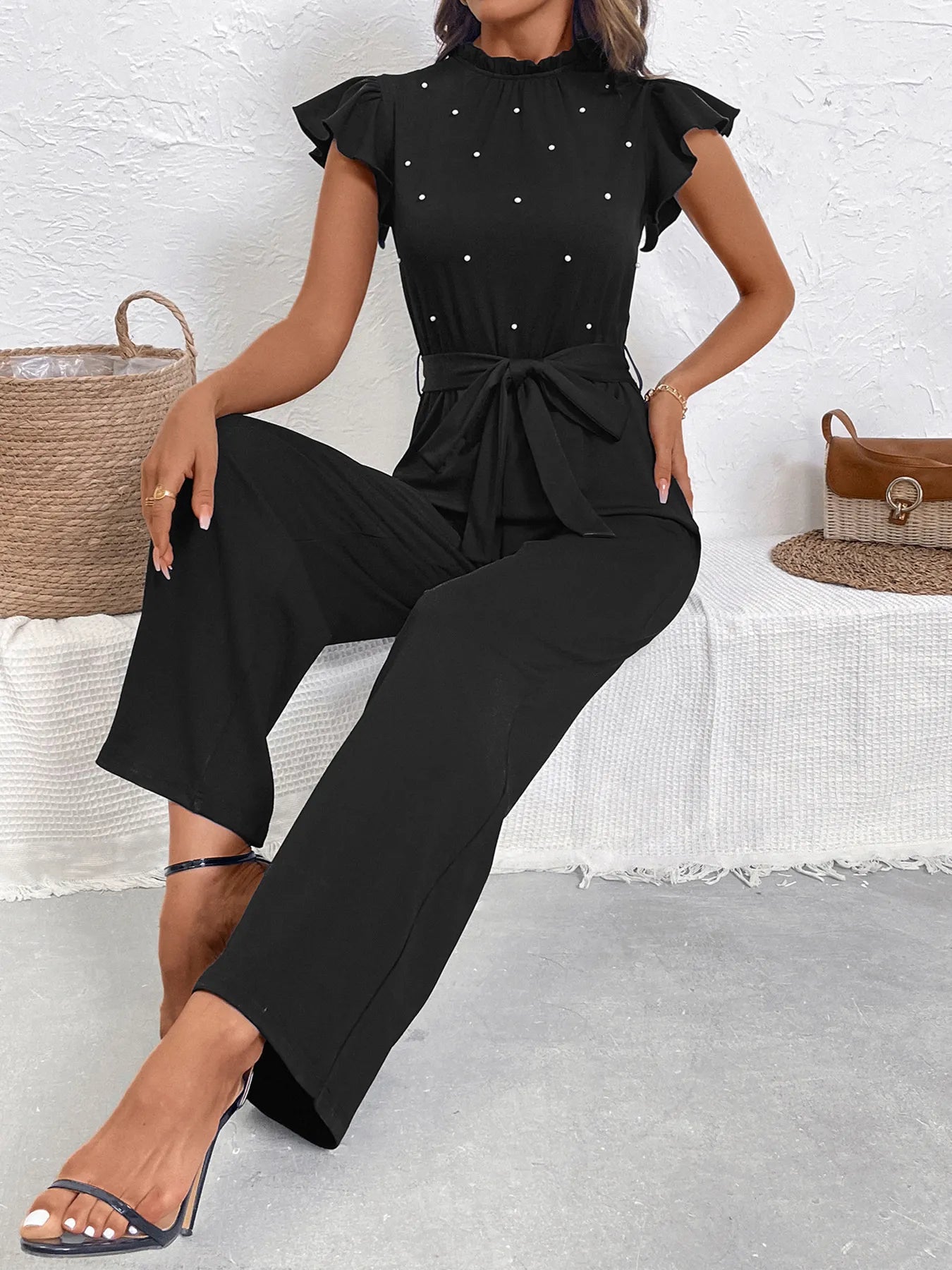 Pearl Detail Ruffled Cap Sleeve Jumpsuit-Get You Some Sun
