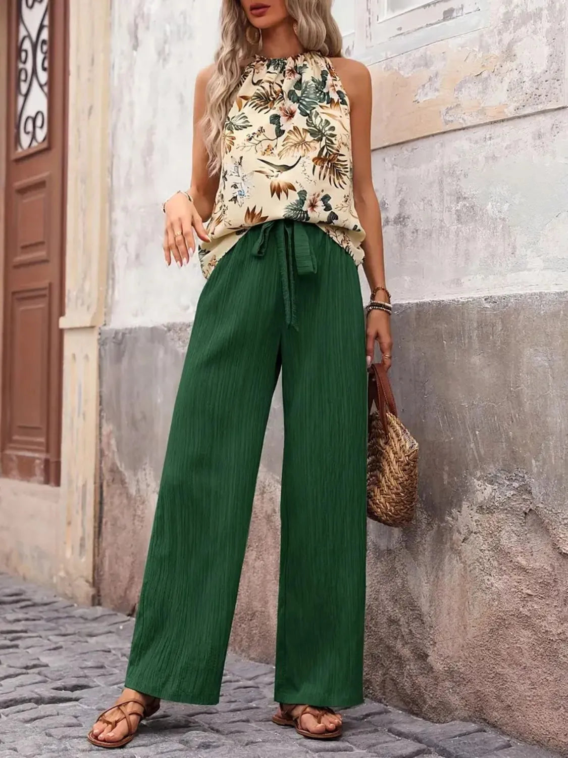 Printed Tank Top and Wide Leg Pants Set-Get You Some Sun