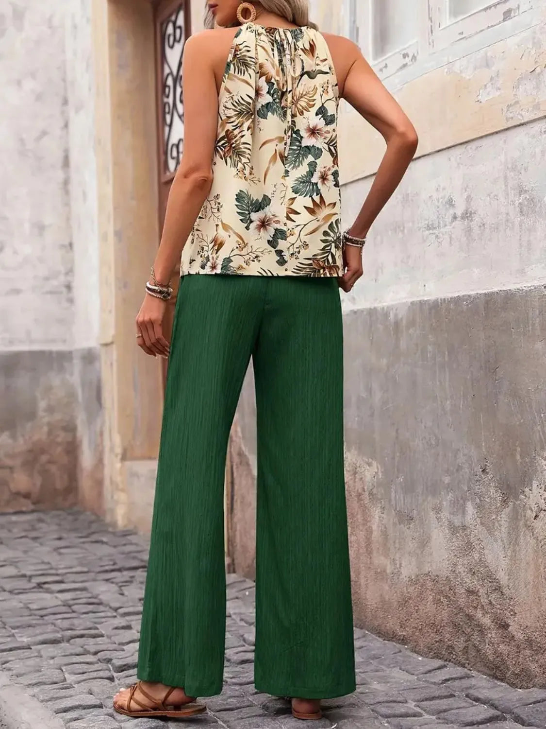 Printed Tank Top and Wide Leg Pants Set-Get You Some Sun