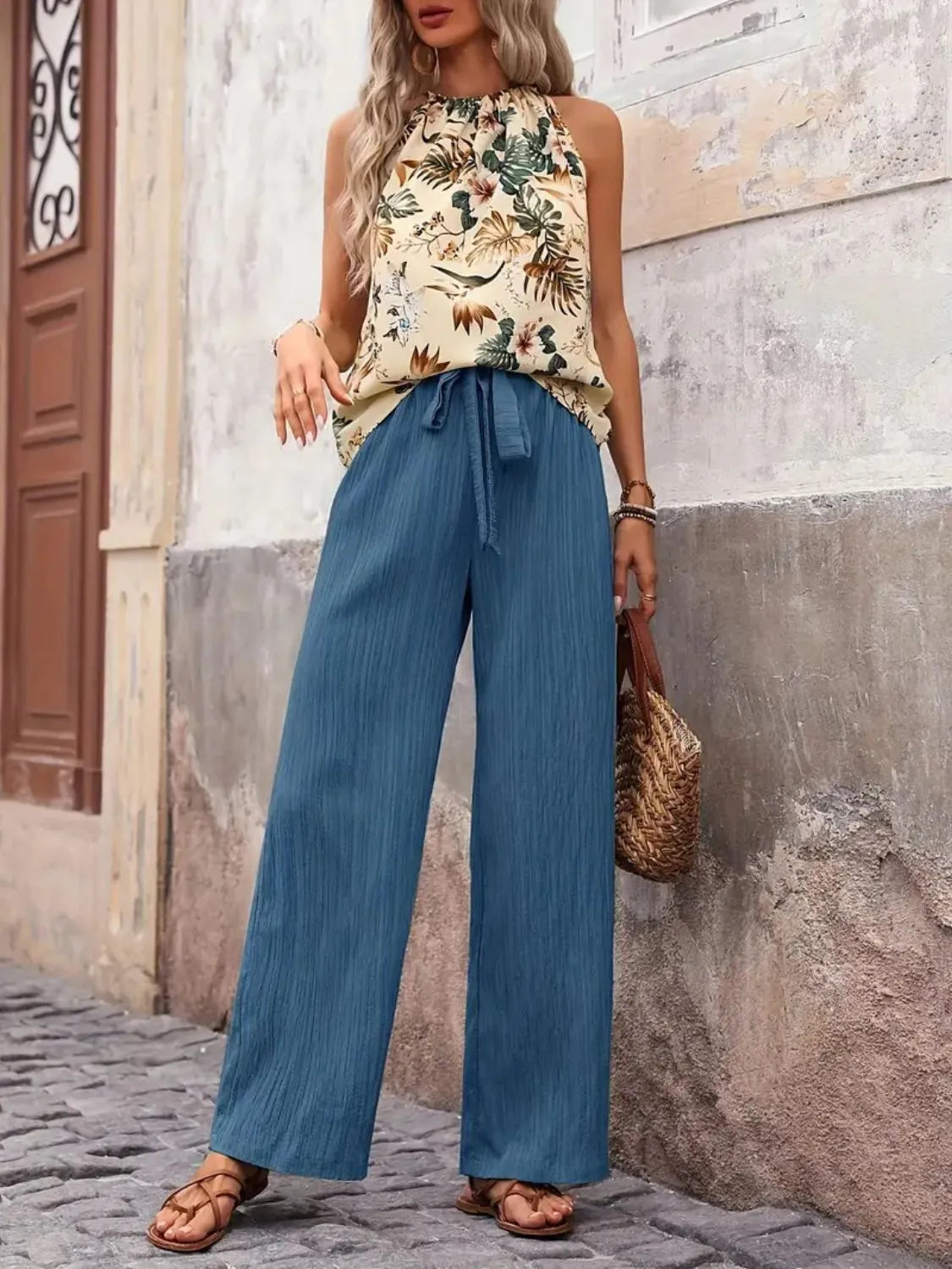 Printed Tank Top and Wide Leg Pants Set-Get You Some Sun