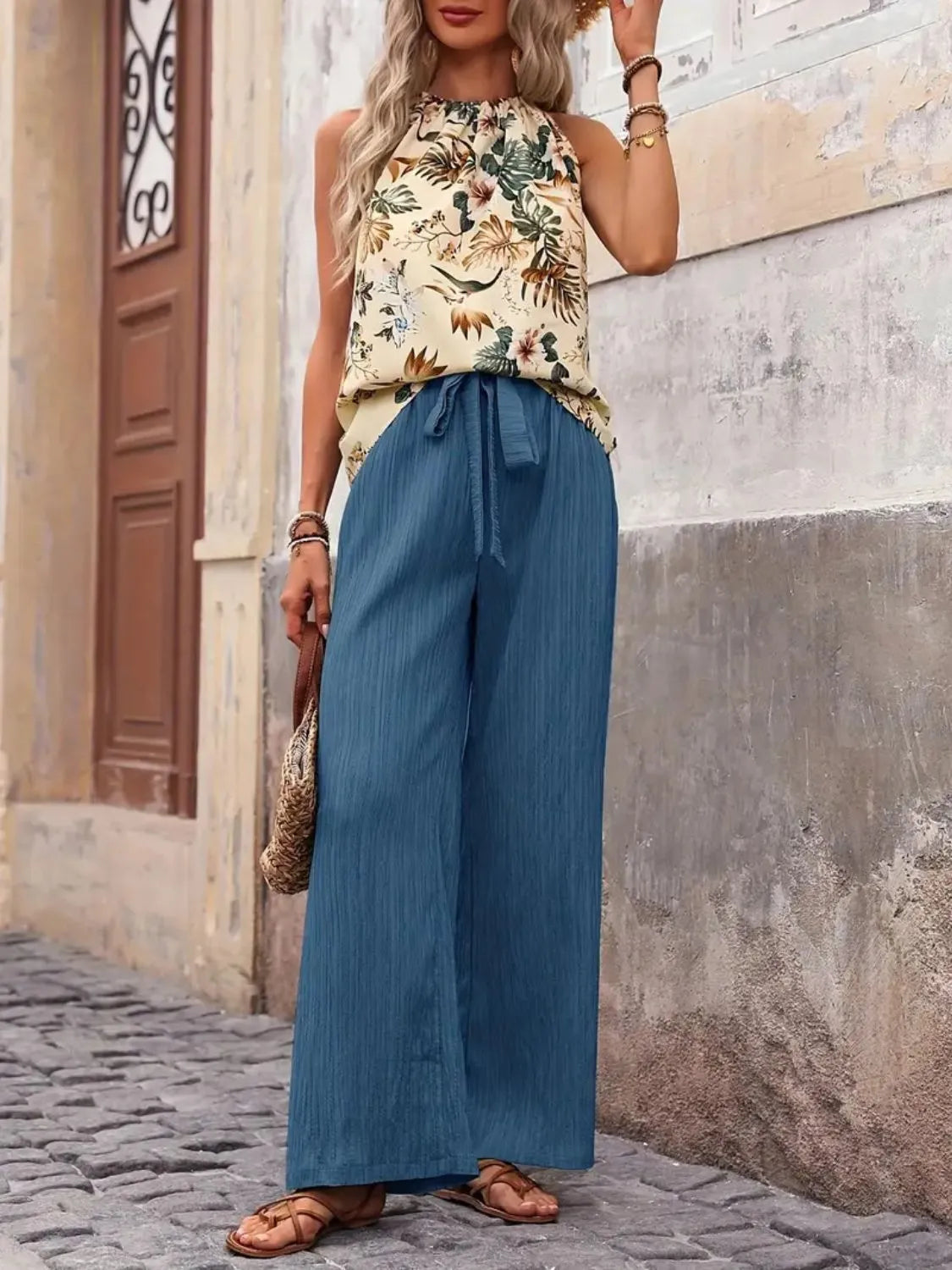Printed Tank Top and Wide Leg Pants Set-Get You Some Sun