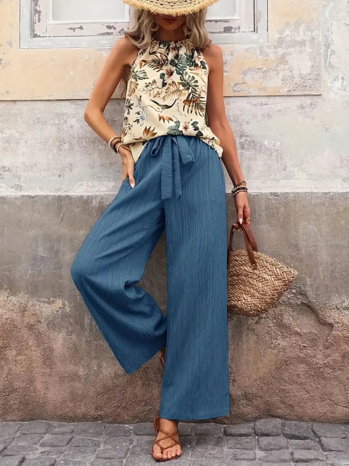 Printed Tank Top and Wide Leg Pants Set-Get You Some Sun