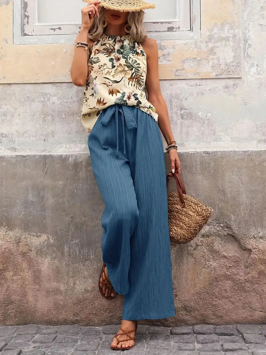 Printed Tank Top and Wide Leg Pants Set-Get You Some Sun