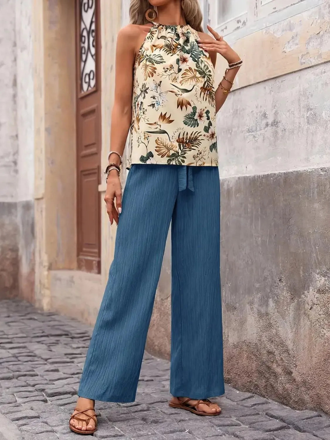 Printed Tank Top and Wide Leg Pants Set-Get You Some Sun