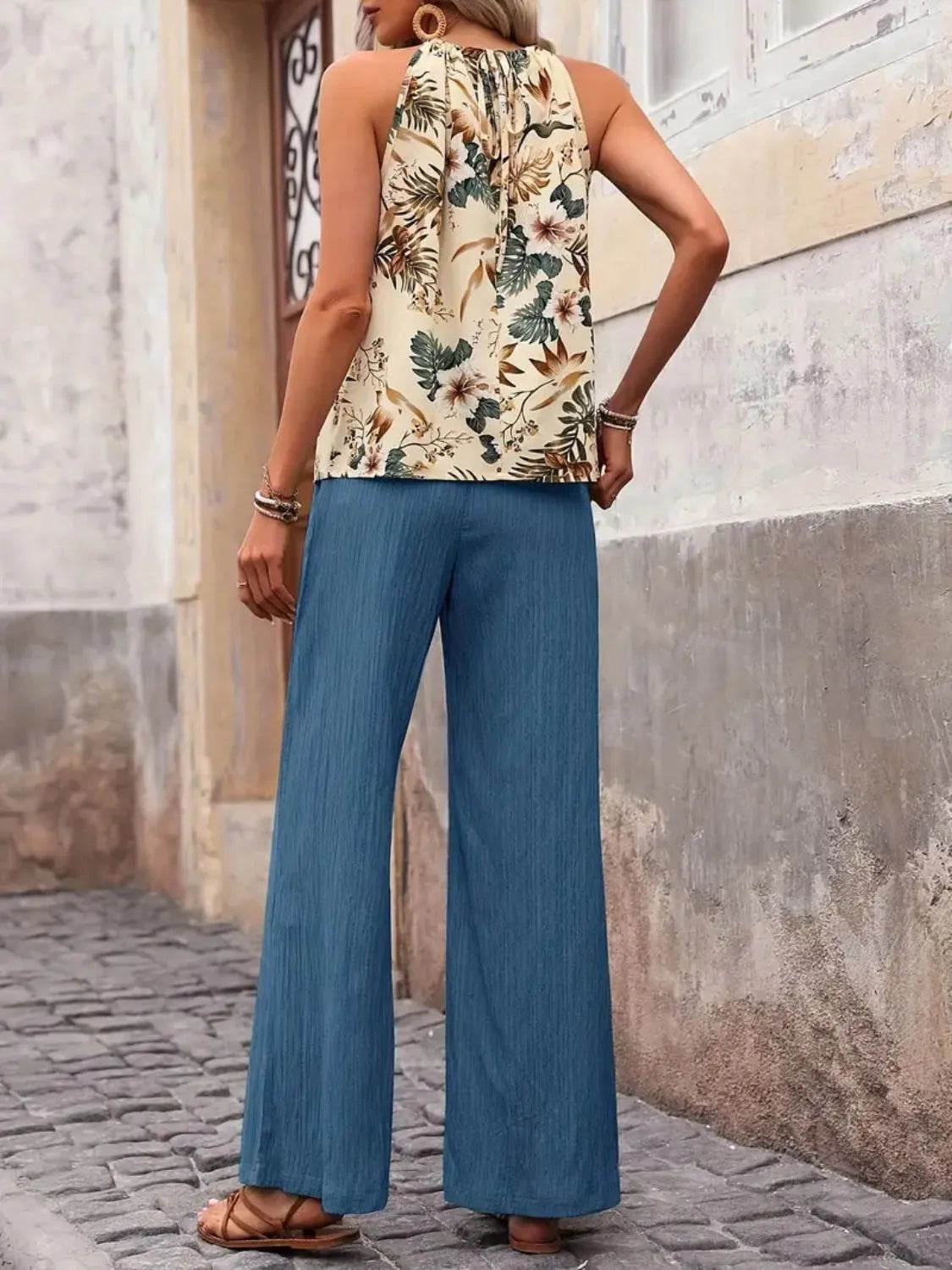Printed Tank Top and Wide Leg Pants Set-Get You Some Sun