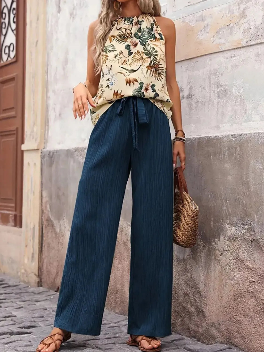 Printed Tank Top and Wide Leg Pants Set-Get You Some Sun