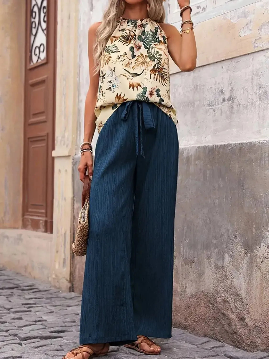 Printed Tank Top and Wide Leg Pants Set-Get You Some Sun
