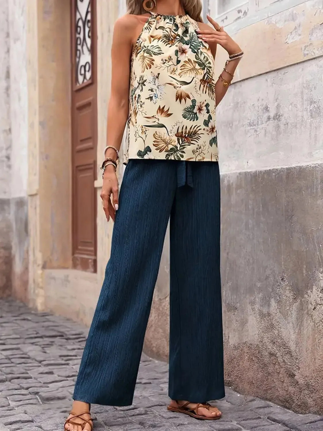 Printed Tank Top and Wide Leg Pants Set-Get You Some Sun