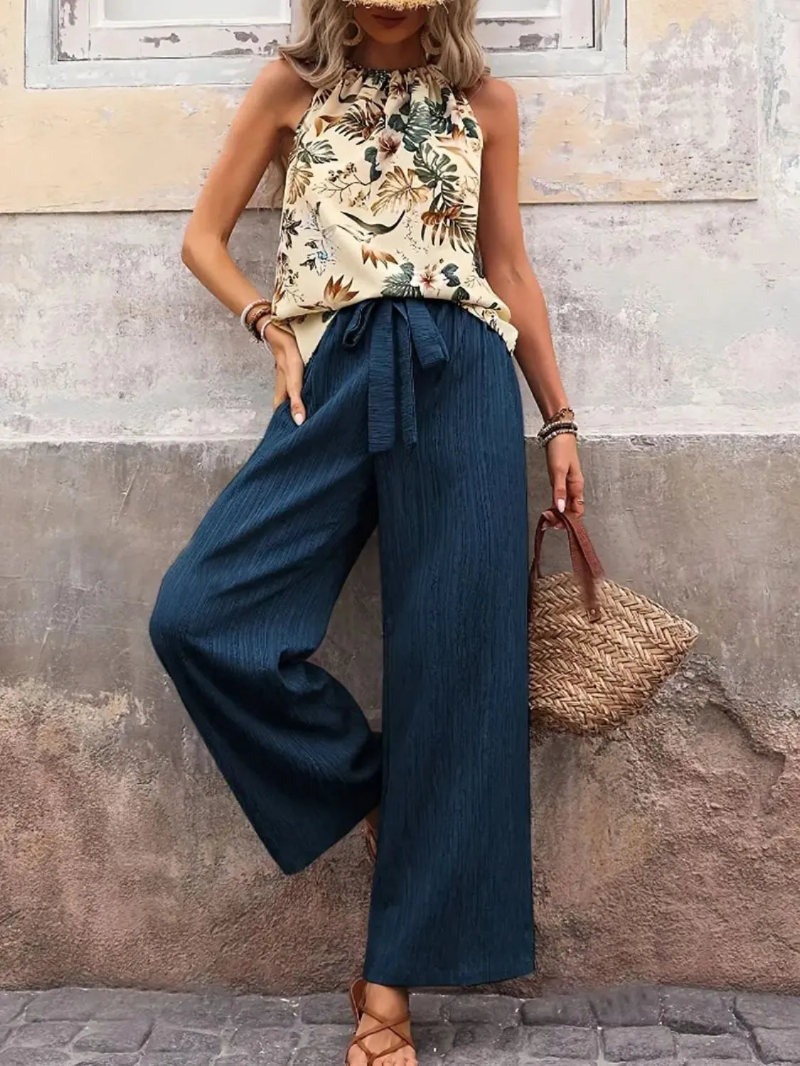 Printed Tank Top and Wide Leg Pants Set-Get You Some Sun