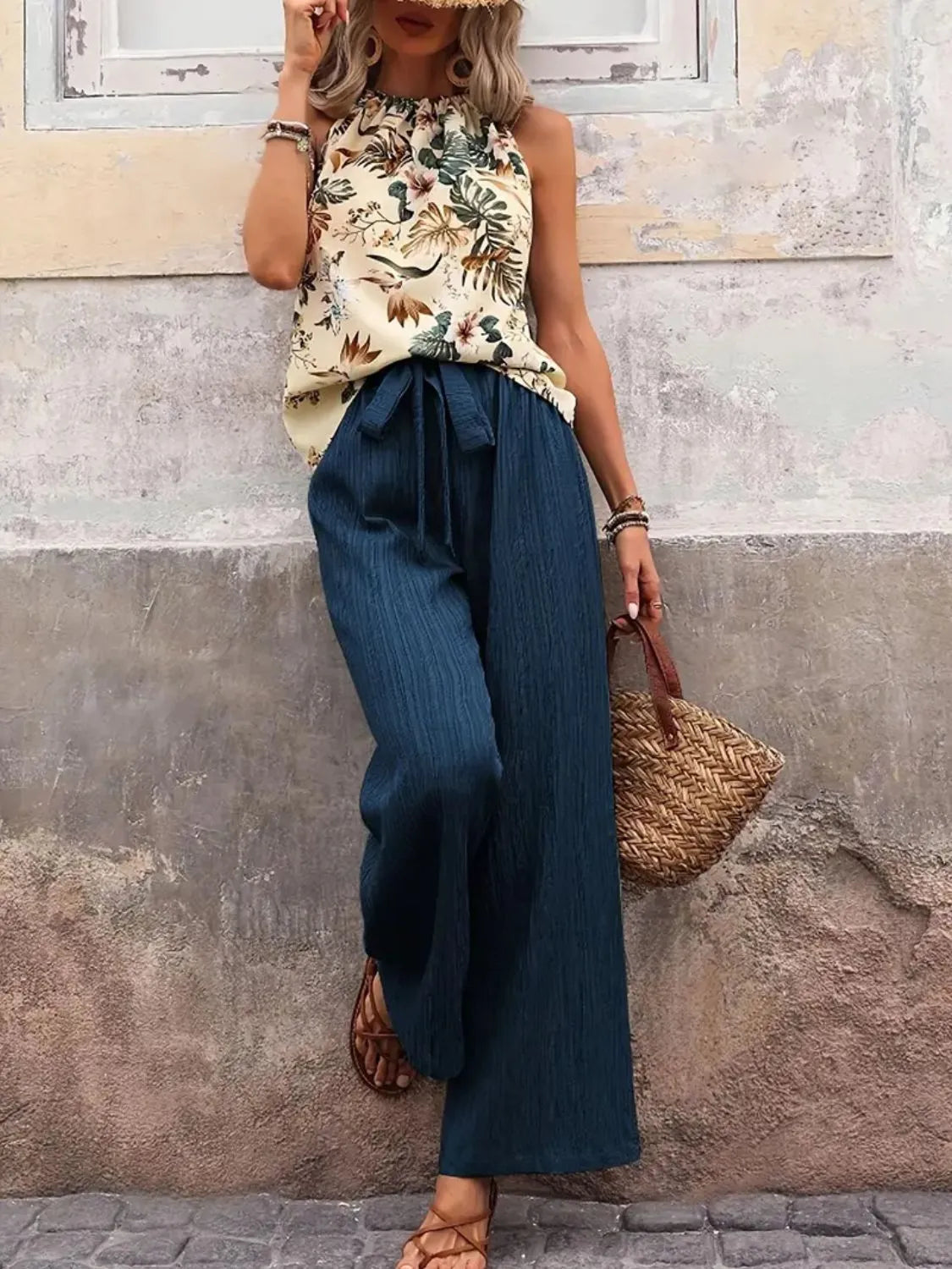 Printed Tank Top and Wide Leg Pants Set-Get You Some Sun