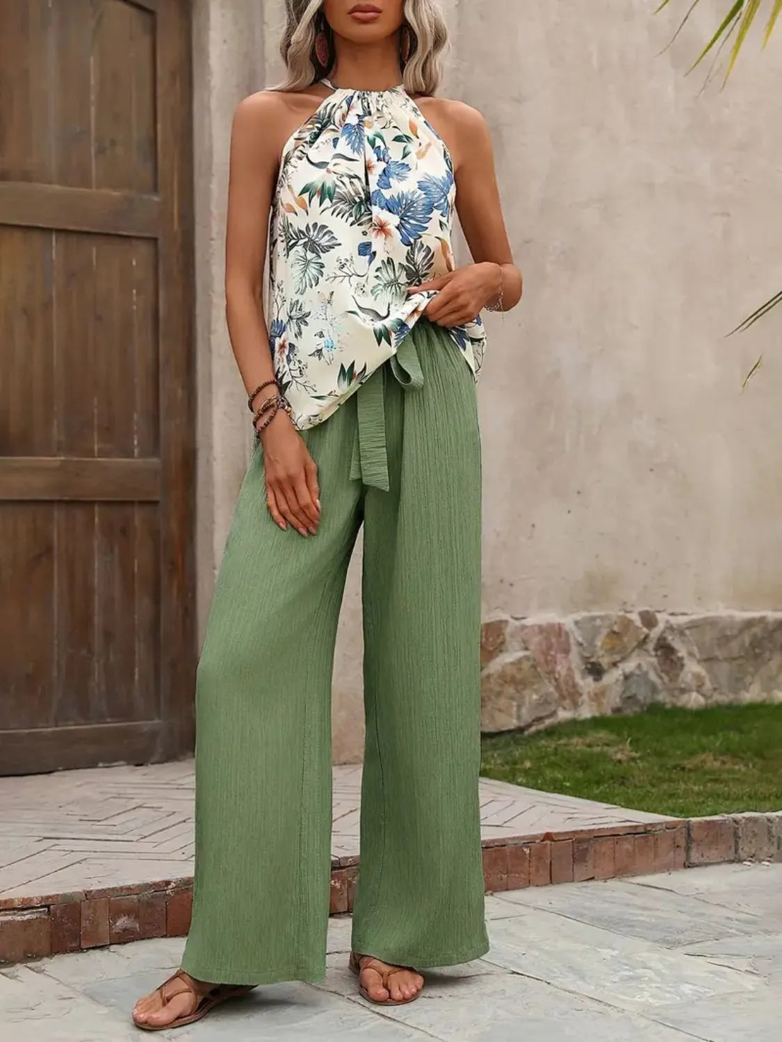 Printed Tank Top and Wide Leg Pants Set-Get You Some Sun