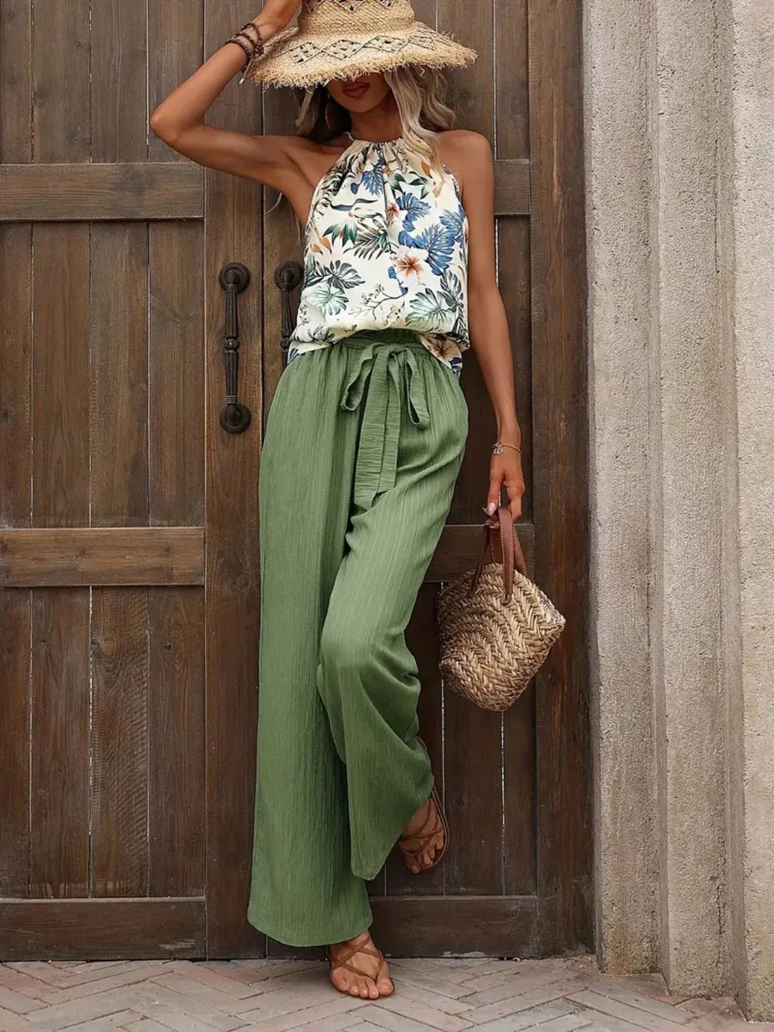 Printed Tank Top and Wide Leg Pants Set-Get You Some Sun