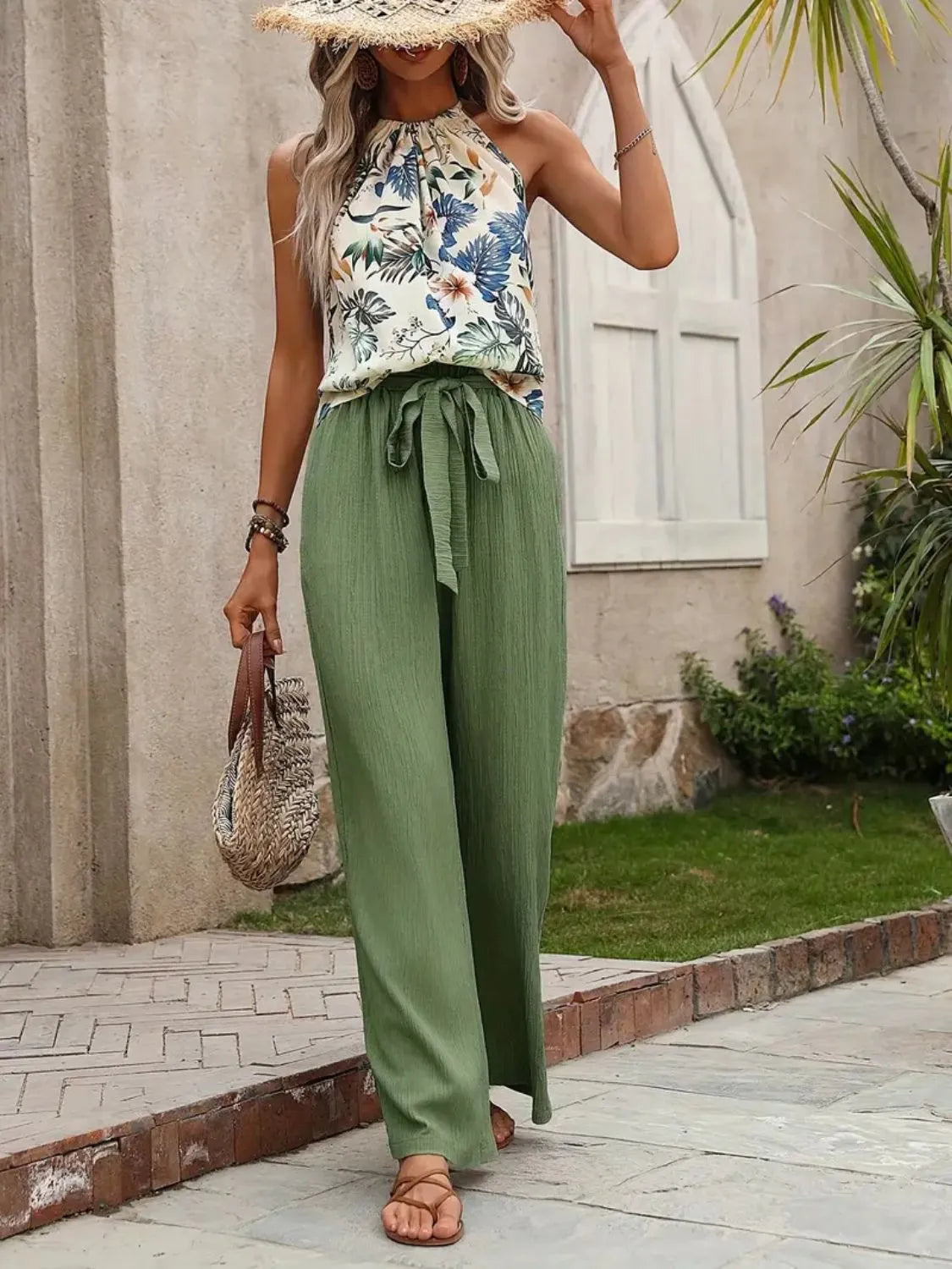 Printed Tank Top and Wide Leg Pants Set-Get You Some Sun