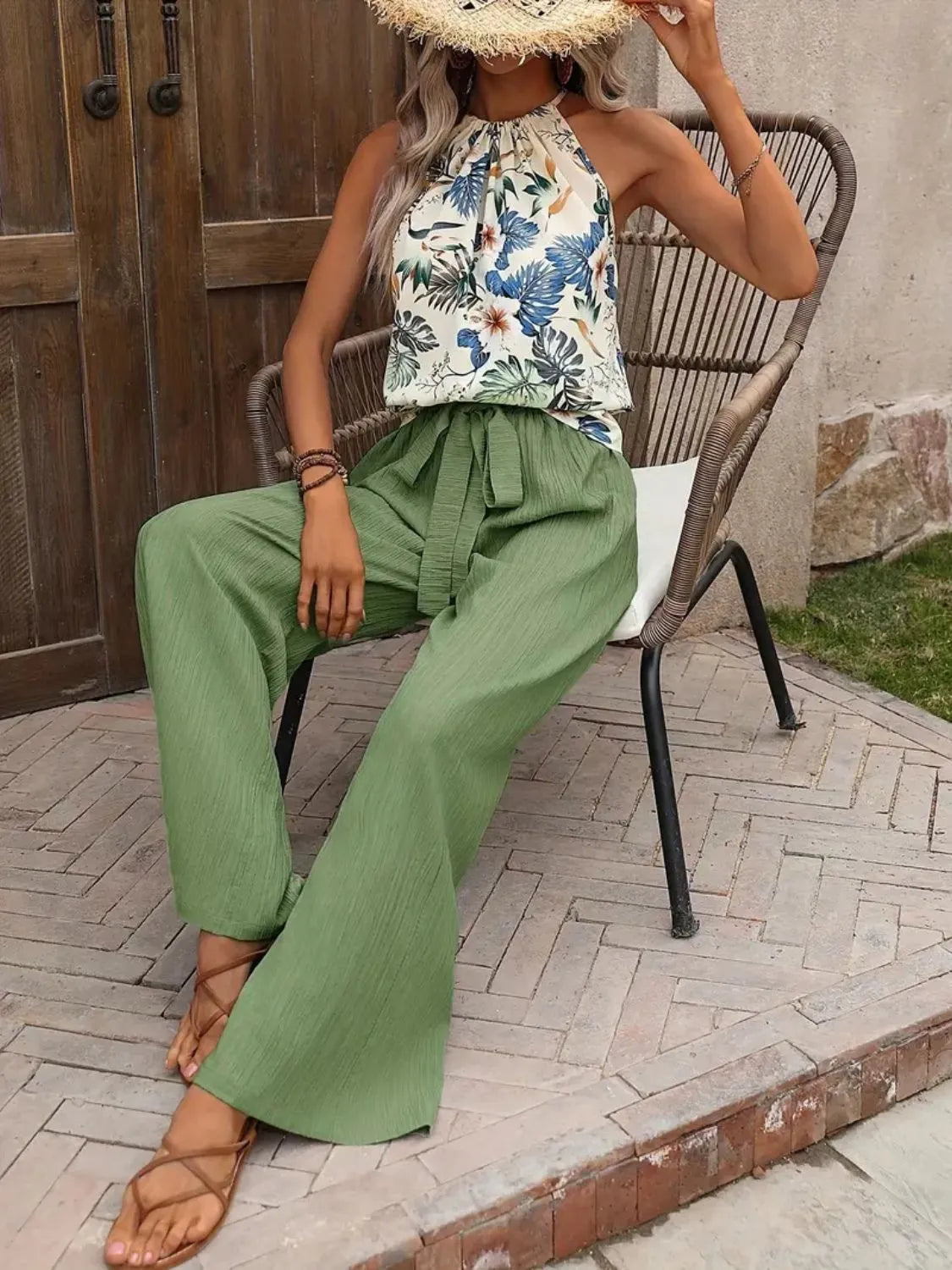 Printed Tank Top and Wide Leg Pants Set-Get You Some Sun
