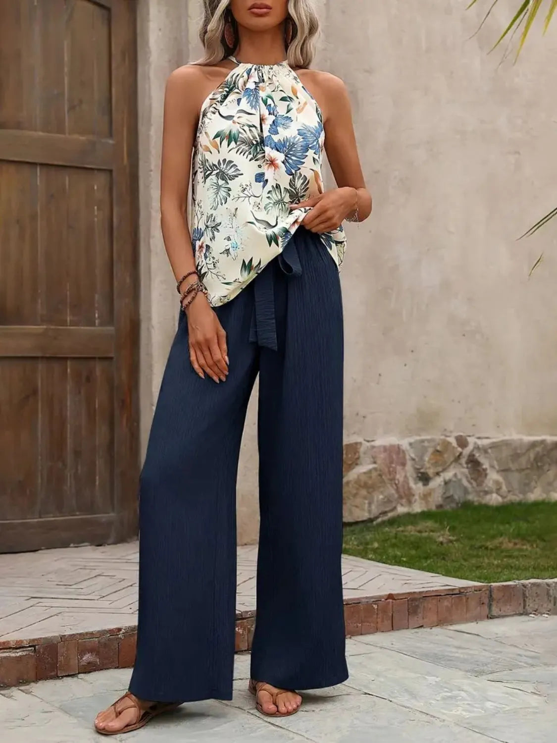 Printed Tank Top and Wide Leg Pants Set-Get You Some Sun
