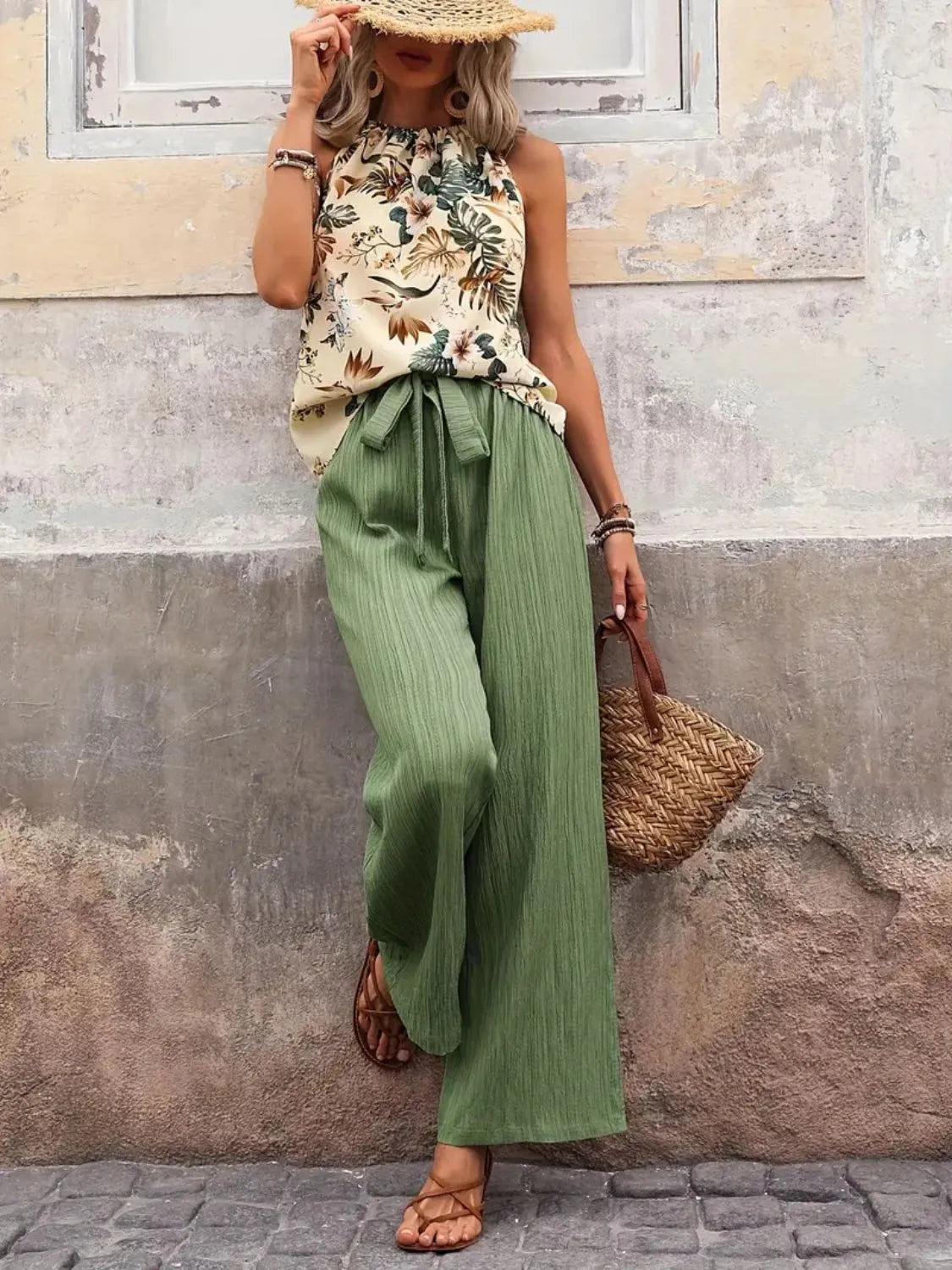 Printed Tank Top and Wide Leg Pants Set-Get You Some Sun