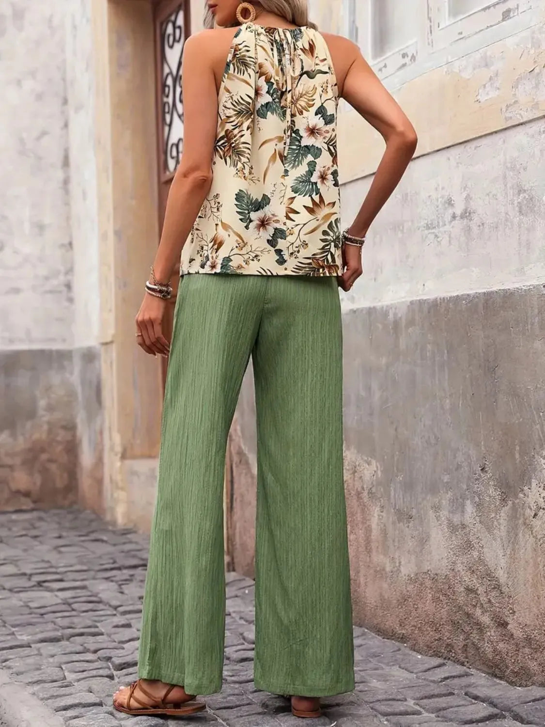 Printed Tank Top and Wide Leg Pants Set-Get You Some Sun