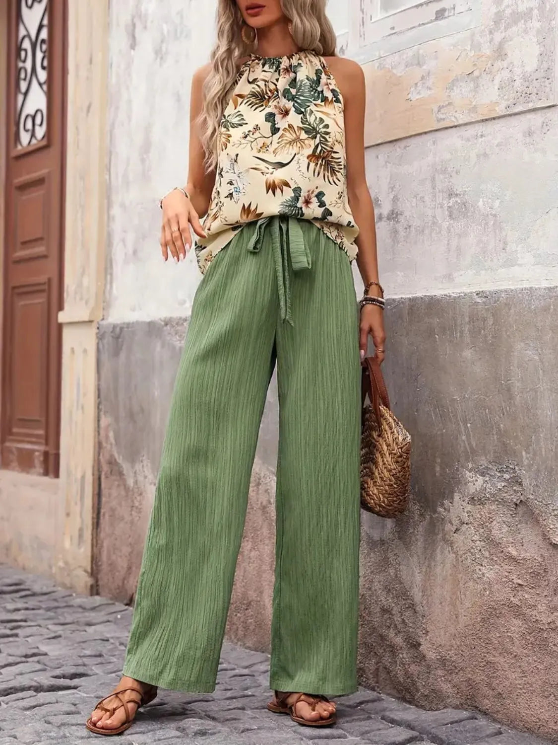Printed Tank Top and Wide Leg Pants Set-Get You Some Sun