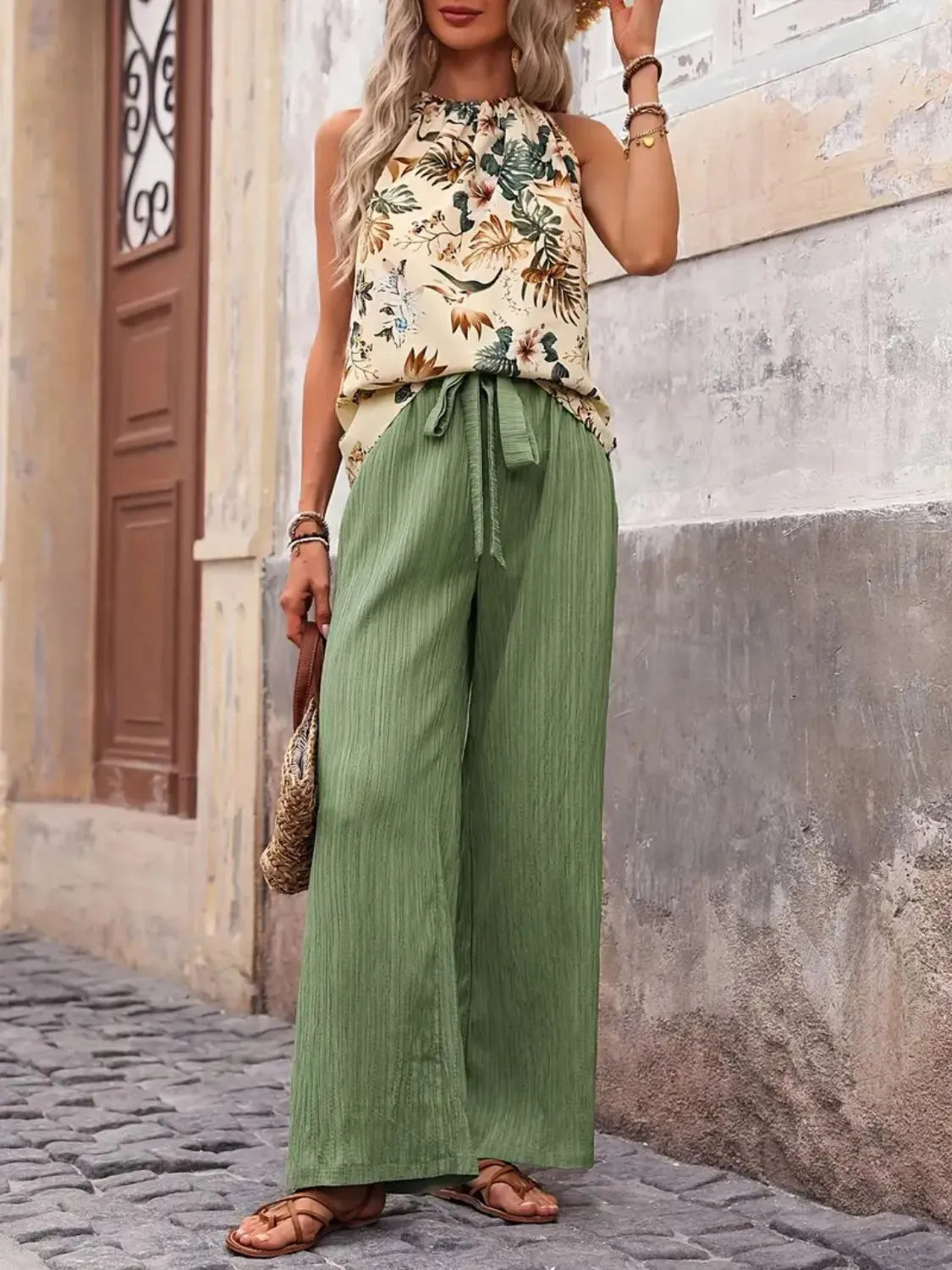 Printed Tank Top and Wide Leg Pants Set-Get You Some Sun