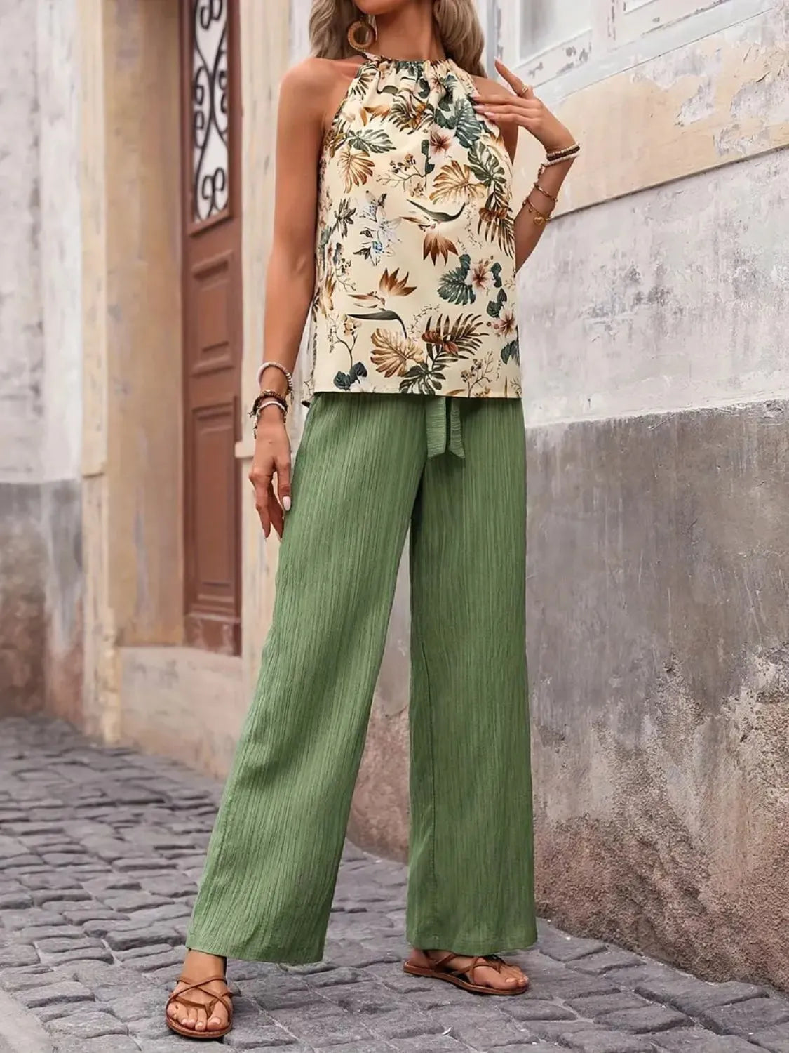 Printed Tank Top and Wide Leg Pants Set-Get You Some Sun