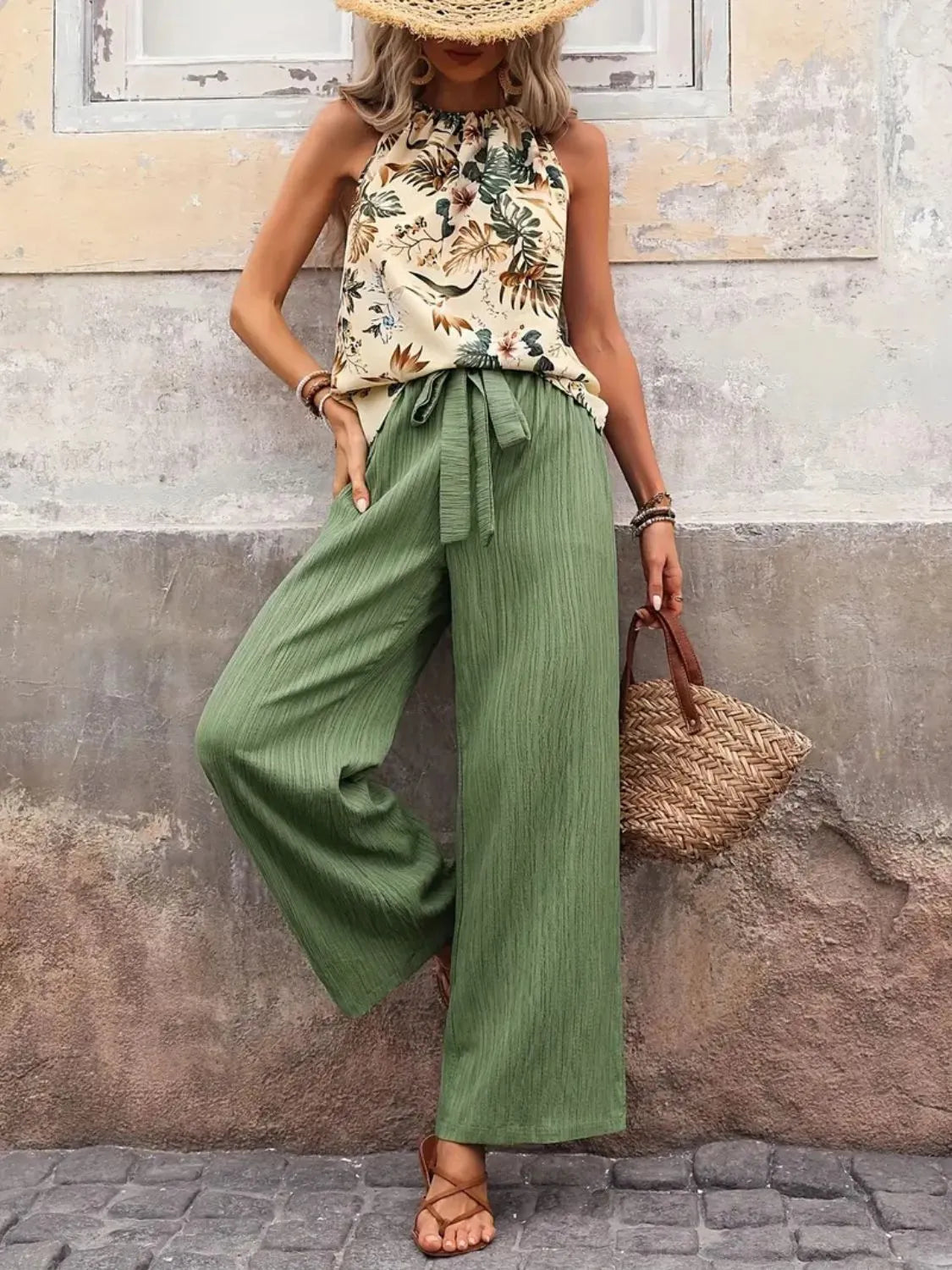 Printed Tank Top and Wide Leg Pants Set-Get You Some Sun