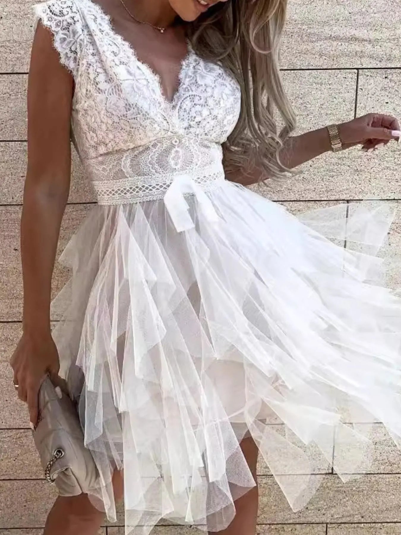 Lace V-Neck Ruffle Dress-Get You Some Sun