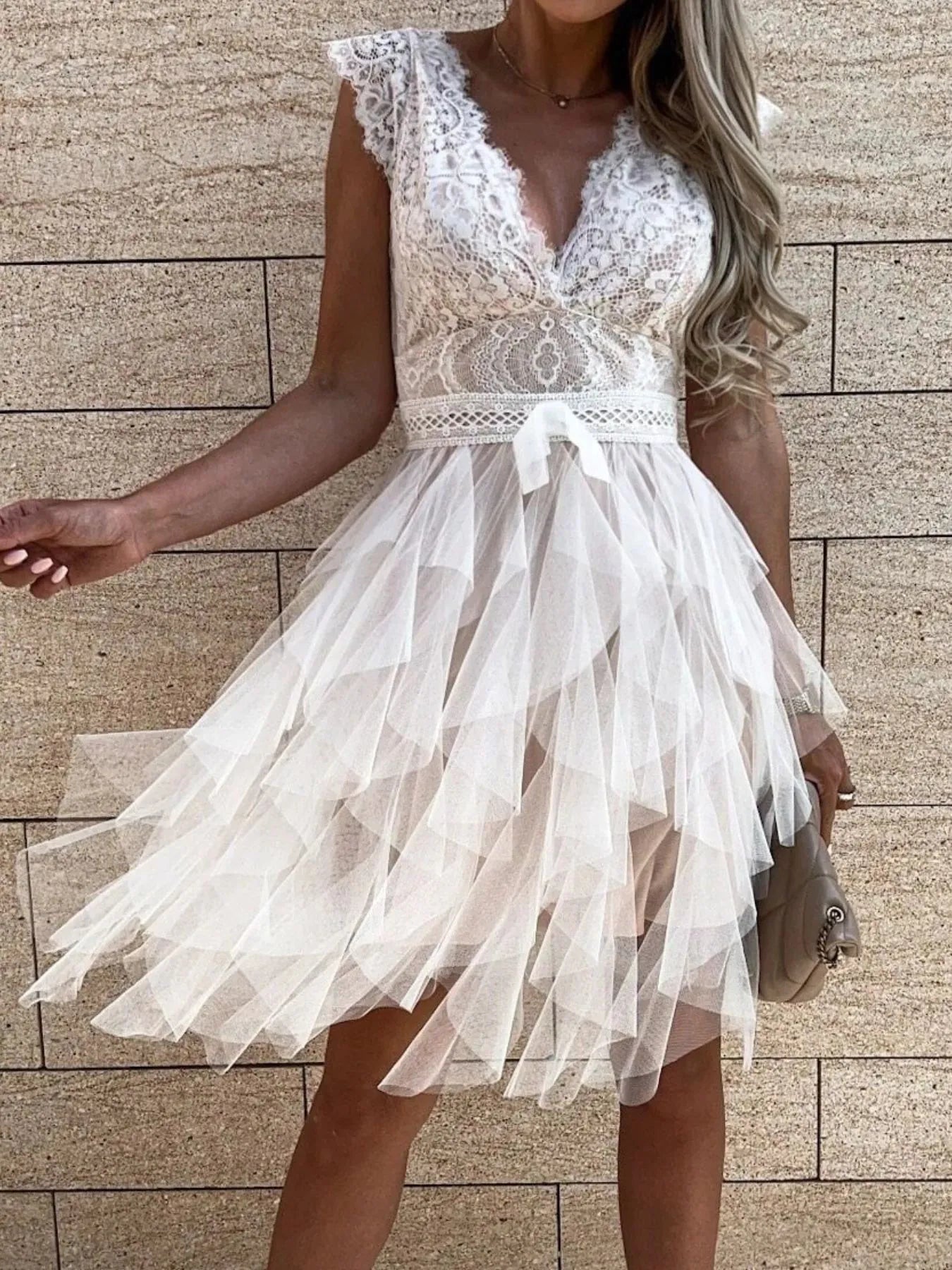 Lace V-Neck Ruffle Dress-Get You Some Sun