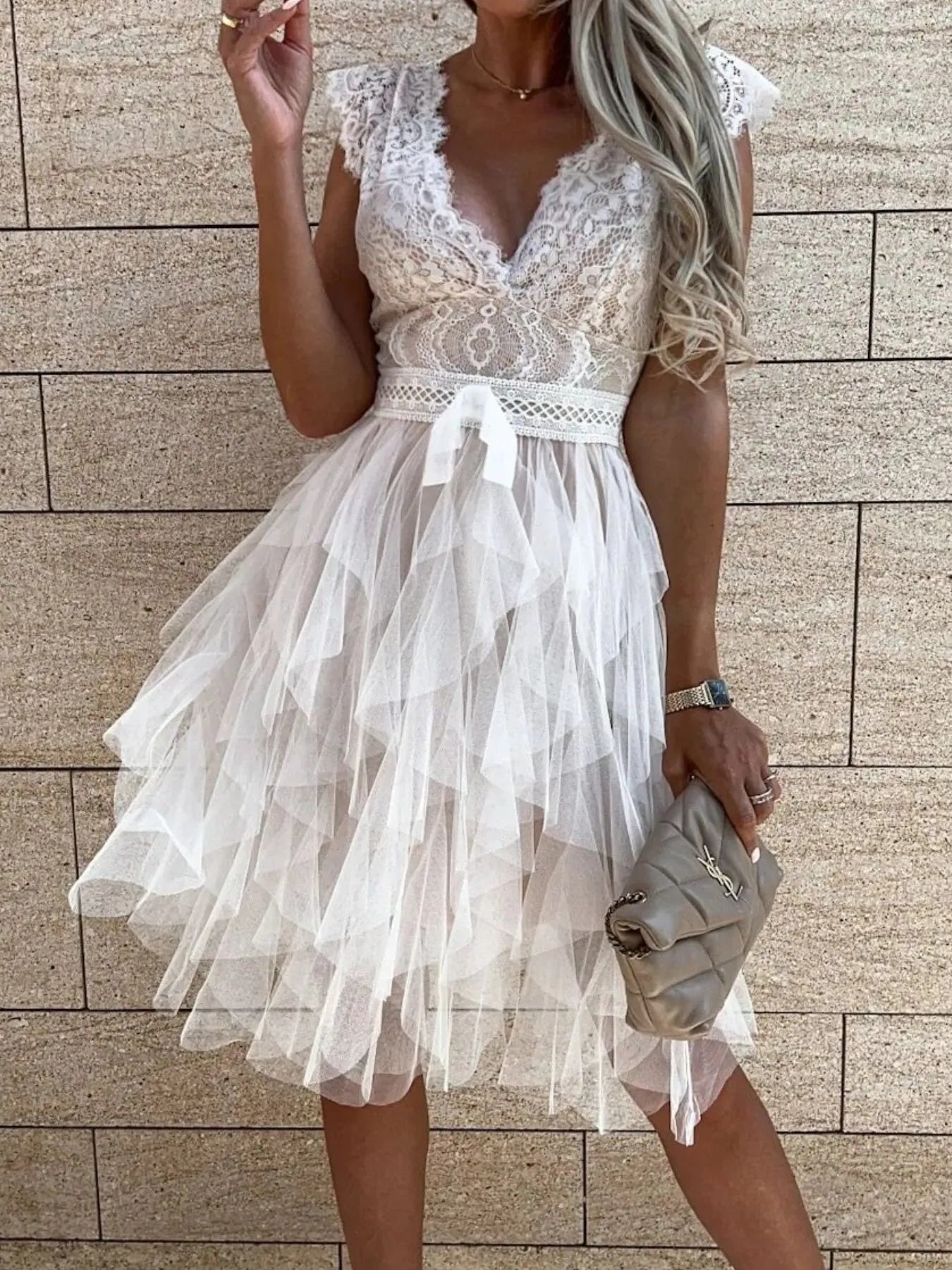 Lace V-Neck Ruffle Dress-Get You Some Sun