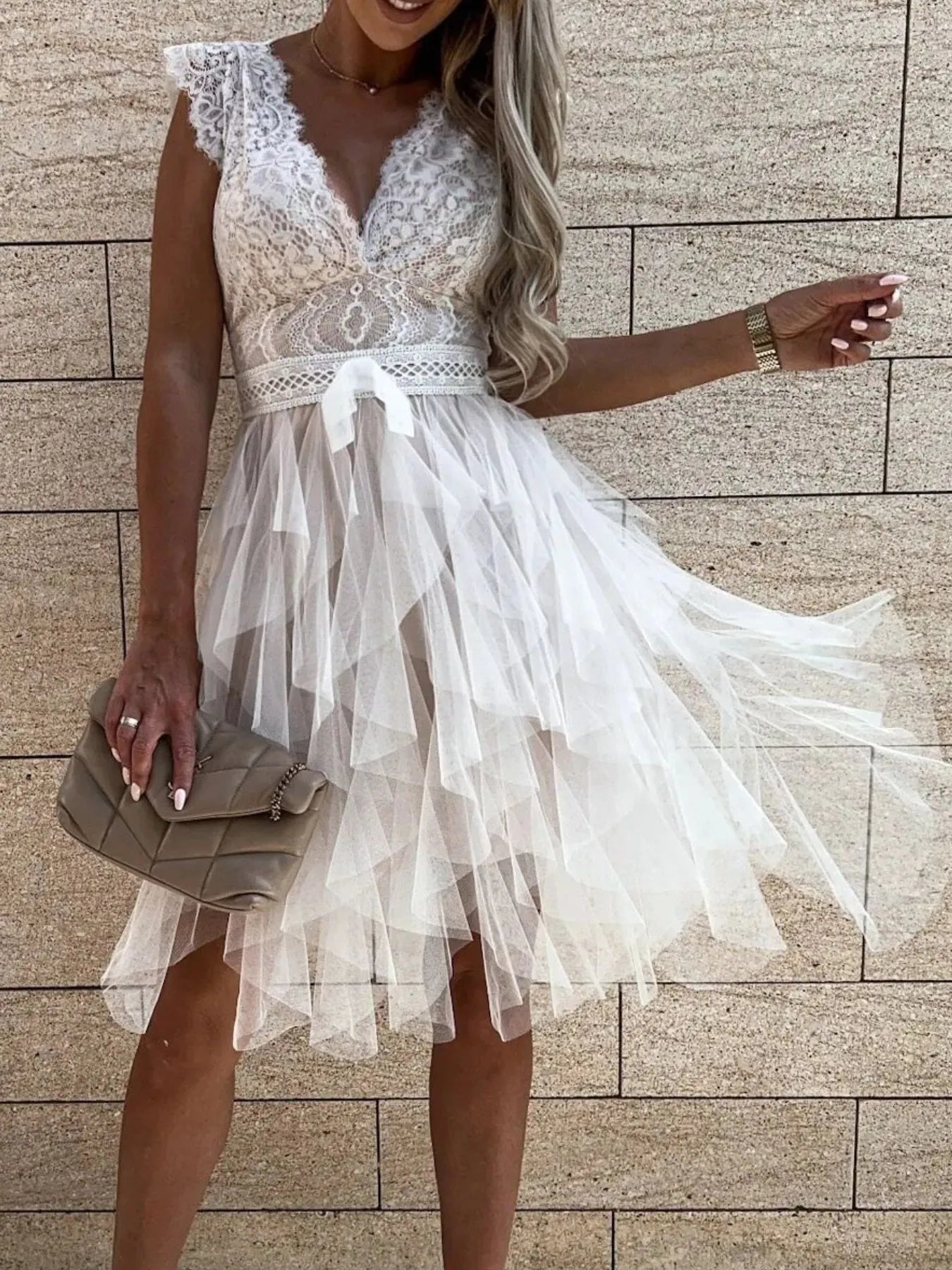 Lace V-Neck Ruffle Dress-Get You Some Sun