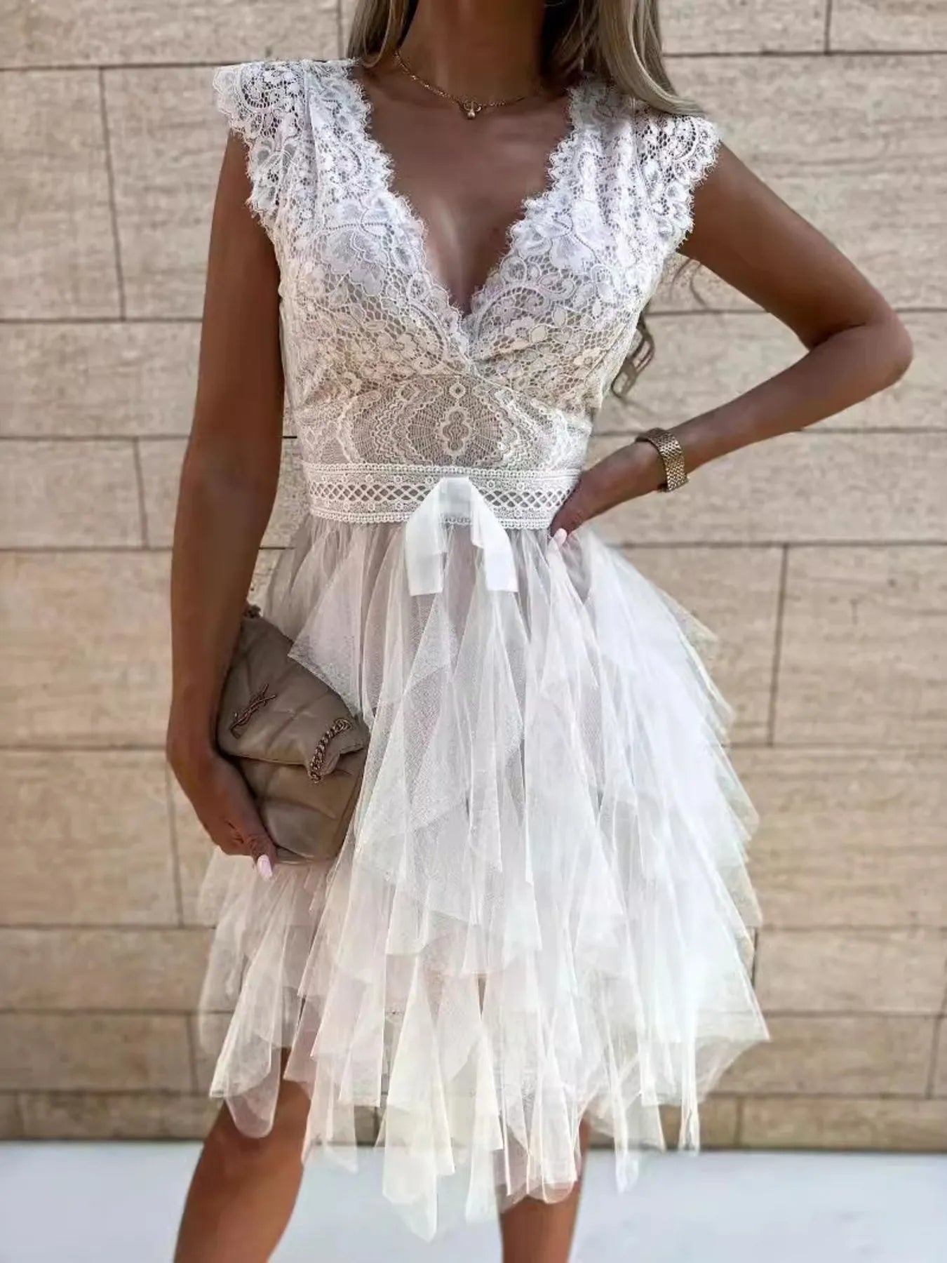 Lace V-Neck Ruffle Dress-Get You Some Sun