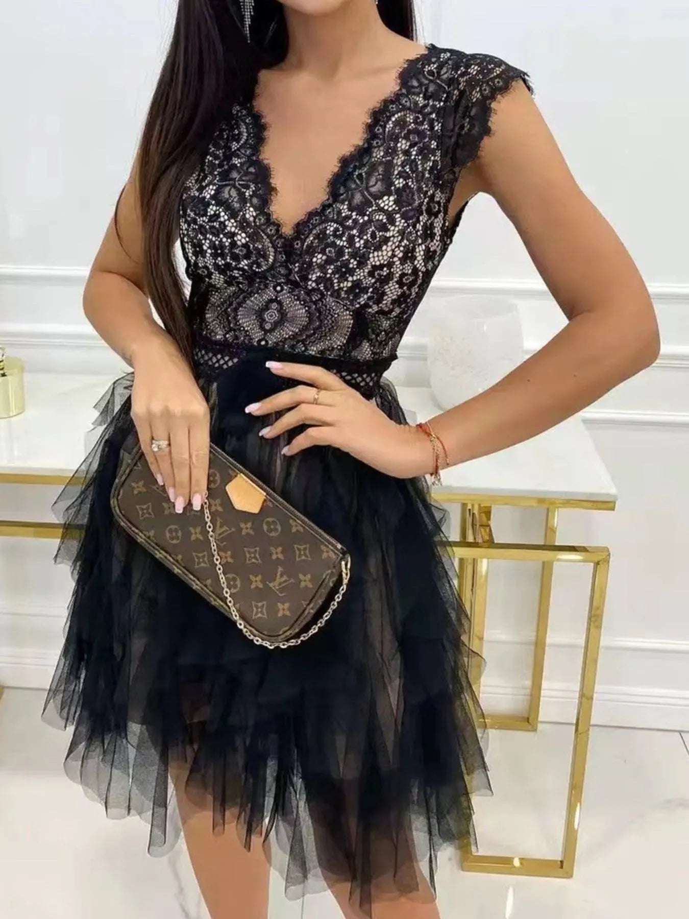 Lace V-Neck Ruffle Dress-Get You Some Sun