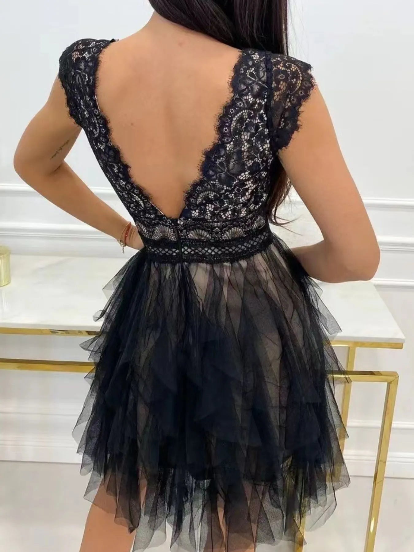 Lace V-Neck Ruffle Dress-Get You Some Sun