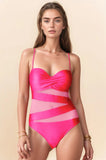 Davi & Dani Solid Mesh Cut Off Front One Piece Swimsuit-