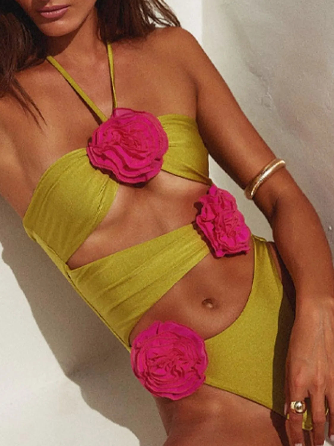 Flower Cutout Halter Neck One-Piece Swimwear-