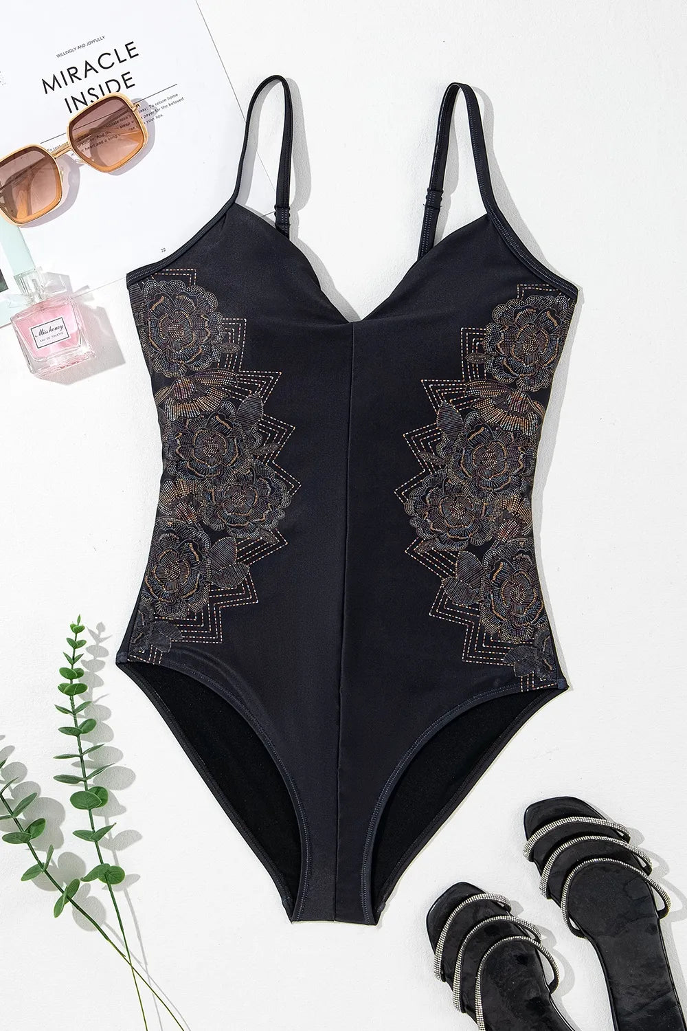 Embroidered V-Neck One-Piece Swimwear-Get You Some Sun