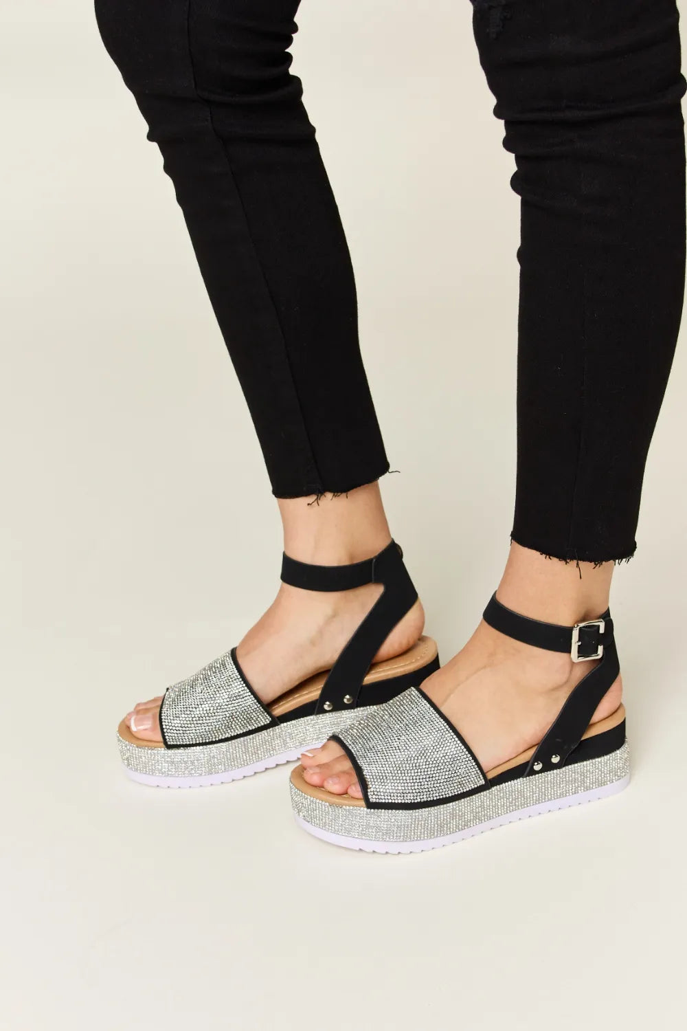 Forever Link Rhinestone Buckle Strappy Wedge Sandals-