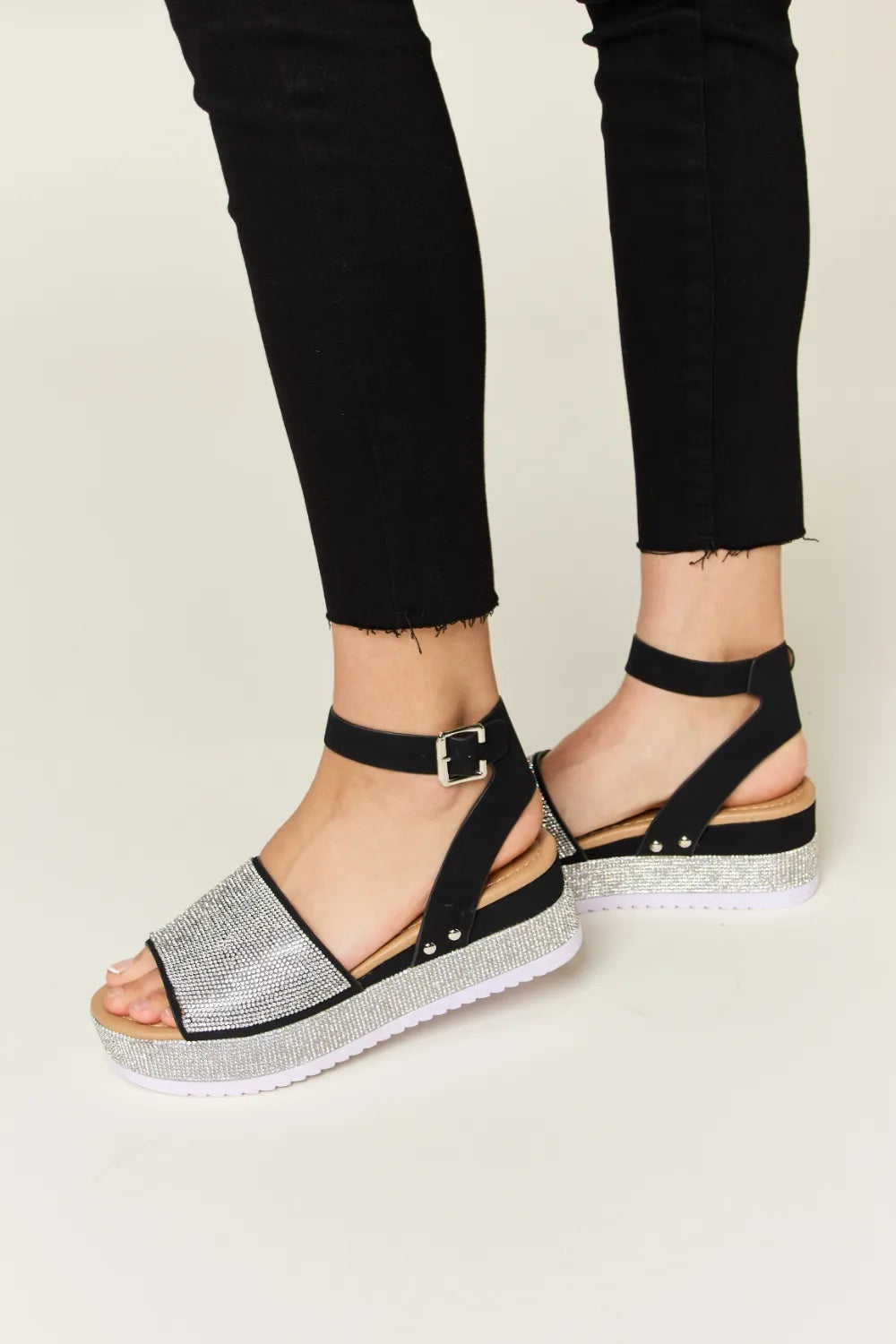 Forever Link Rhinestone Buckle Strappy Wedge Sandals-
