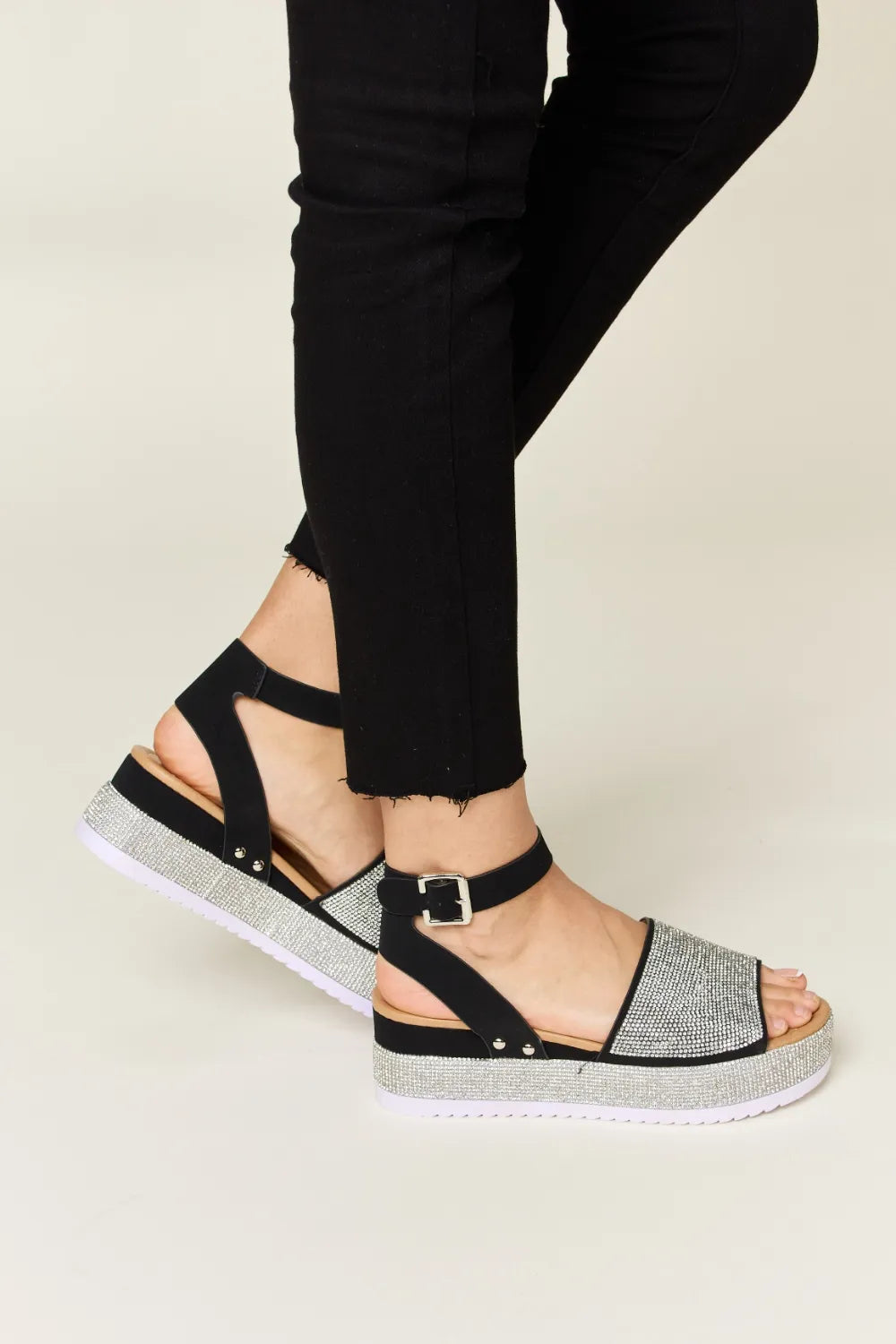 Forever Link Rhinestone Buckle Strappy Wedge Sandals-