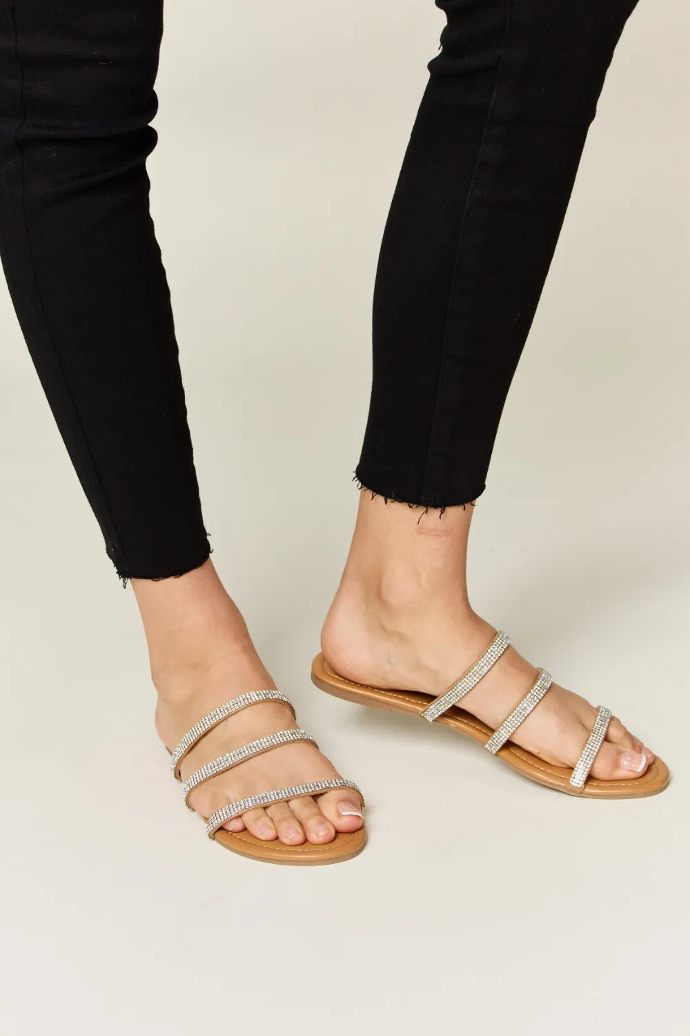 WILD DIVA Rhinestone Three-Strap Flat Sandals-