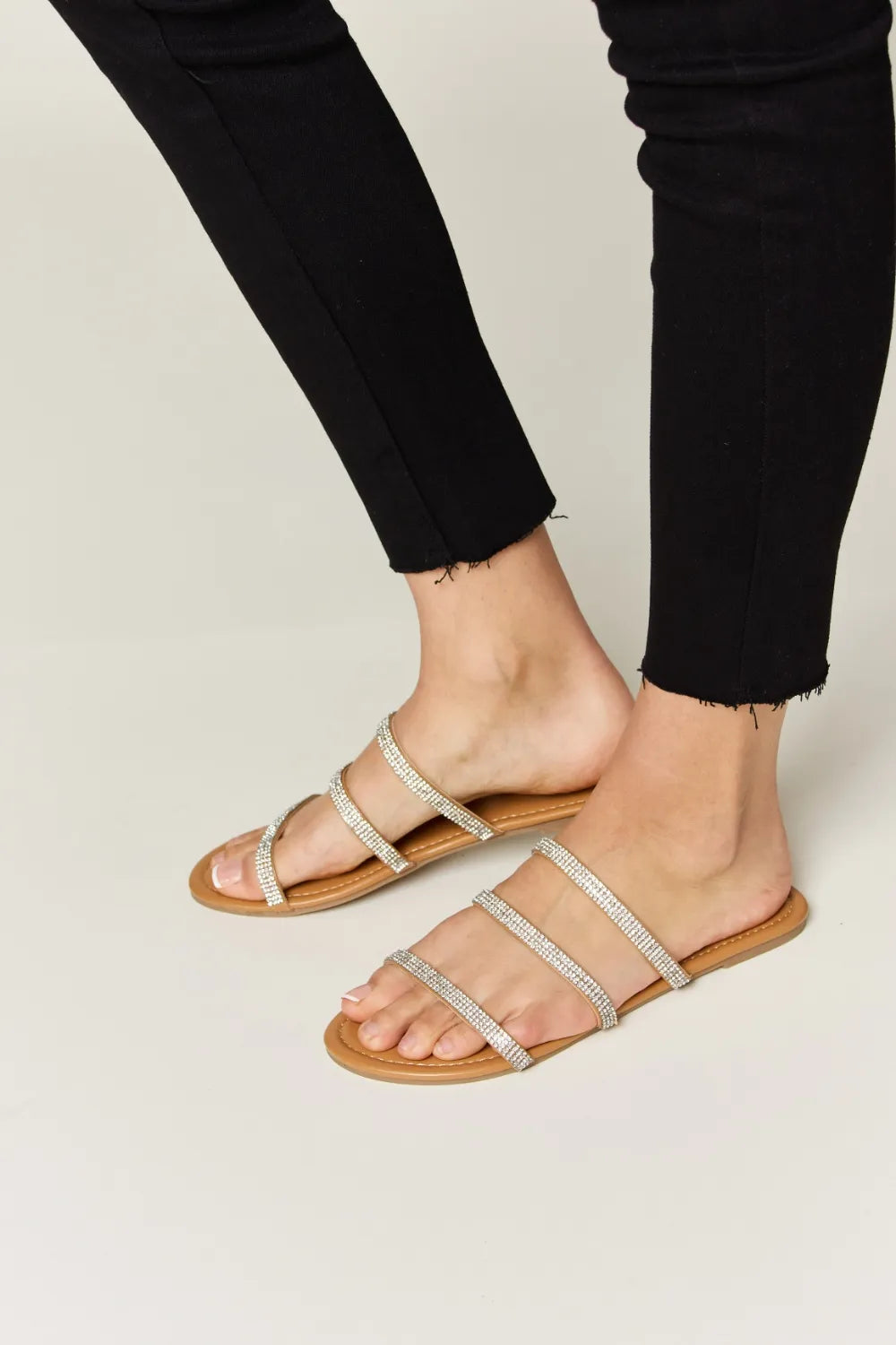 WILD DIVA Rhinestone Three-Strap Flat Sandals-
