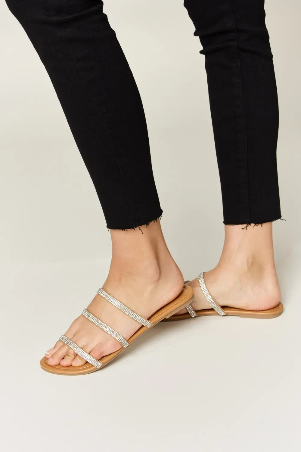 WILD DIVA Rhinestone Three-Strap Flat Sandals-