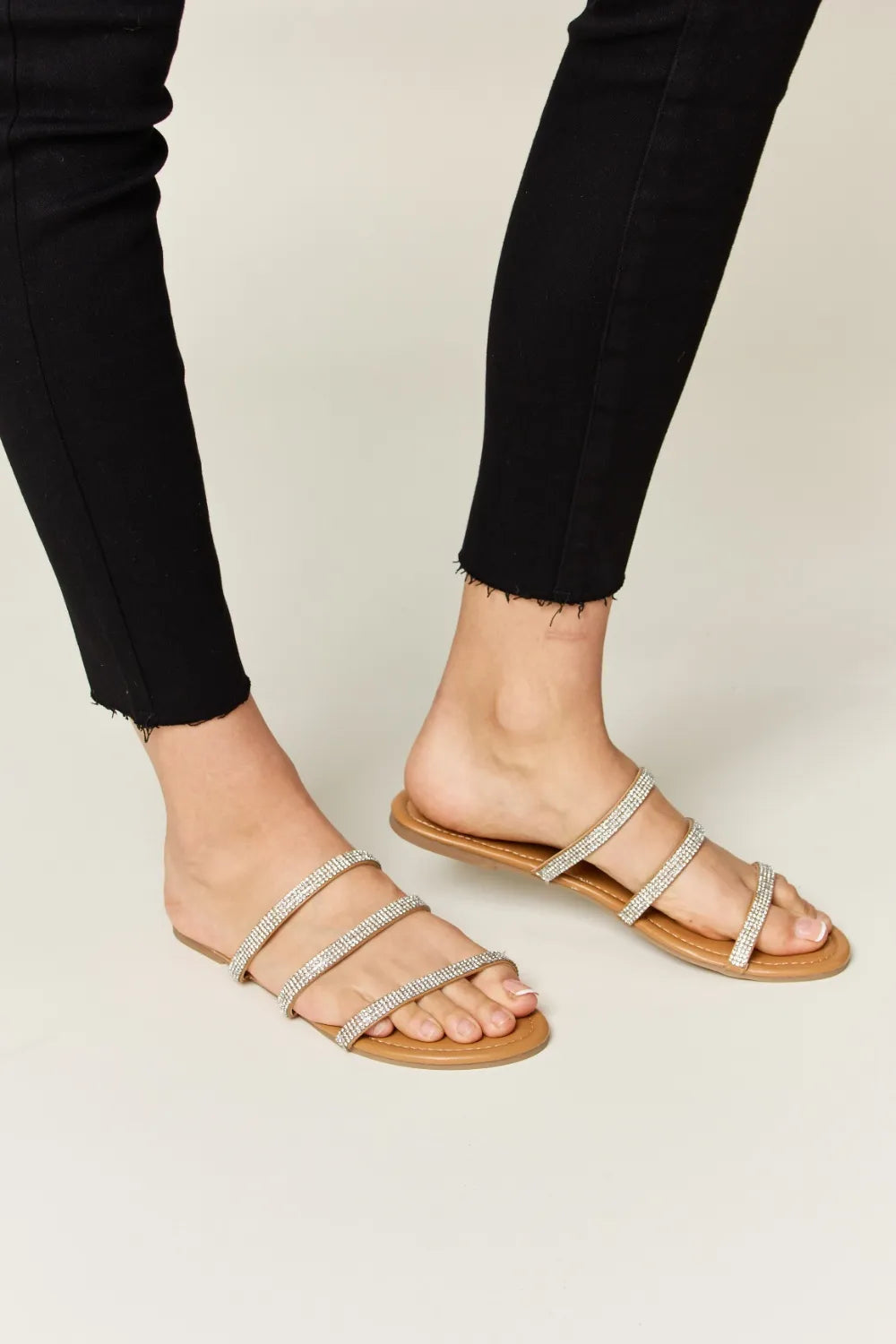 WILD DIVA Rhinestone Three-Strap Flat Sandals-