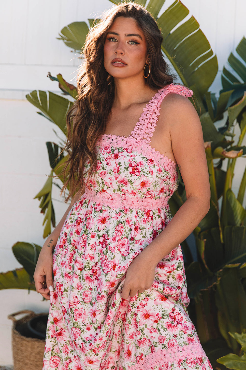 Pink Floral Lace Tied Strap Empire Waist Maxi Dress-