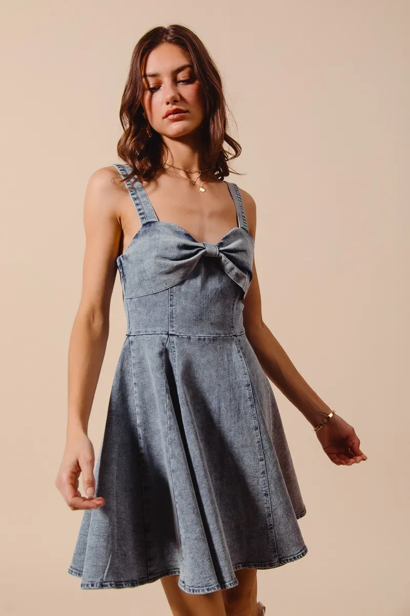 SO ME Mineral Washed Bow Ribbon Denim Flare Dress-