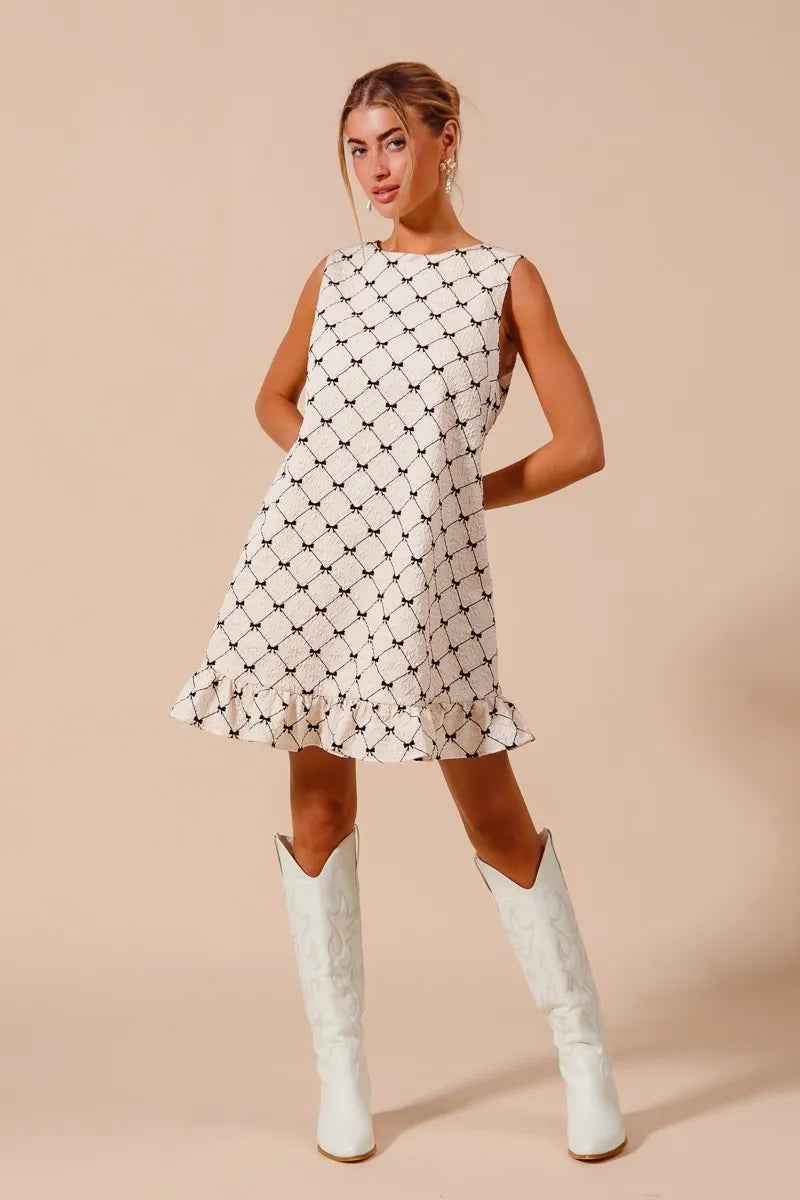 SO ME Texture Bow Printed Mini Ruffle Dress-Get You Some Sun