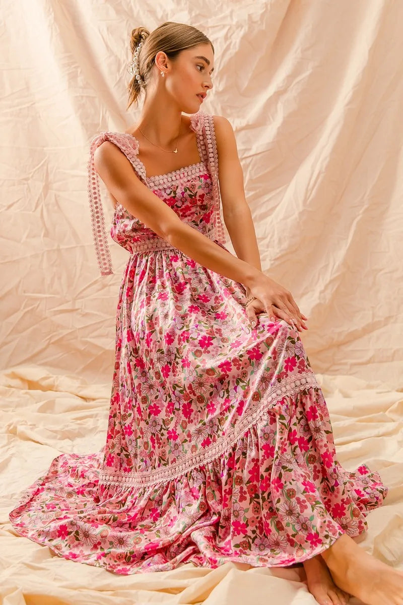 SO ME Floral Maxi Dress With Ribbon Tie Lace Strap-