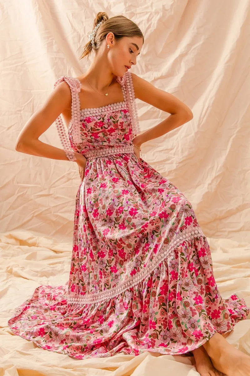 SO ME Floral Maxi Dress With Ribbon Tie Lace Strap-