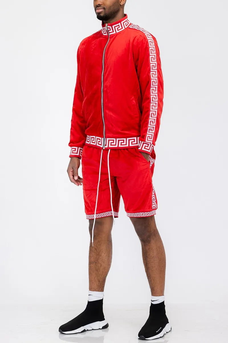 WEIV Men's Full Size Velour Zip Up Jacket and Shorts Set