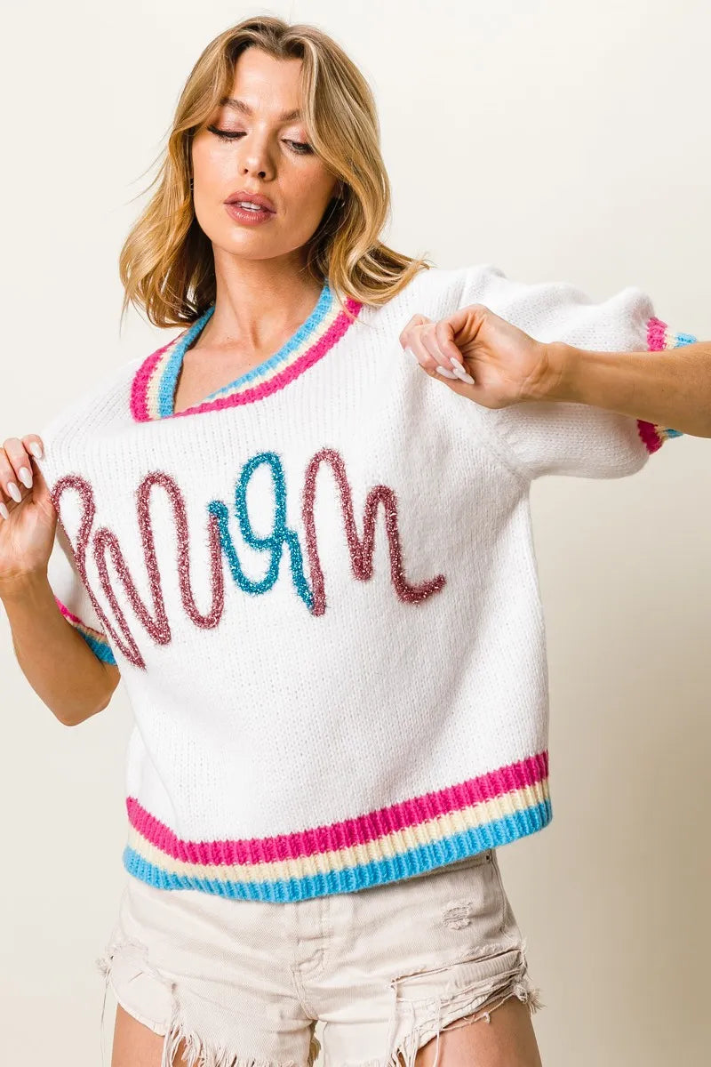 BiBi Metallic Letter Short Puff Sleeve Sweater-