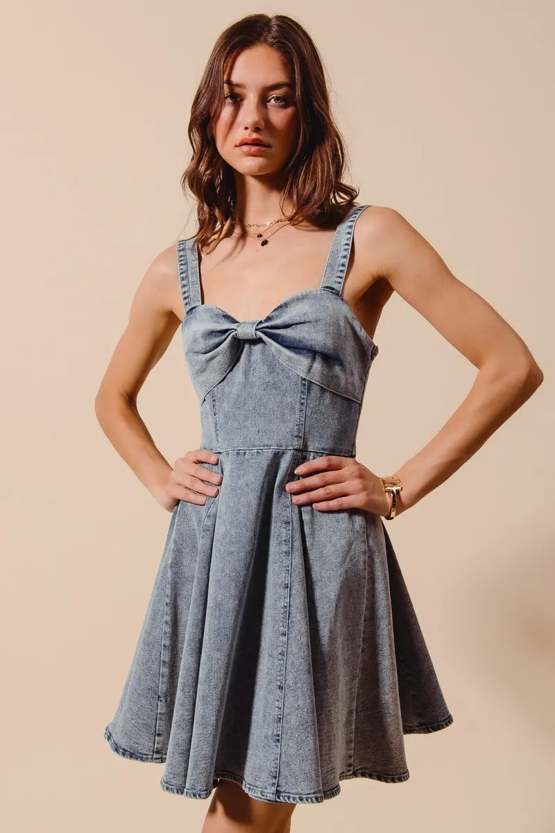 SO ME Mineral Washed Bow Ribbon Denim Flare Dress-